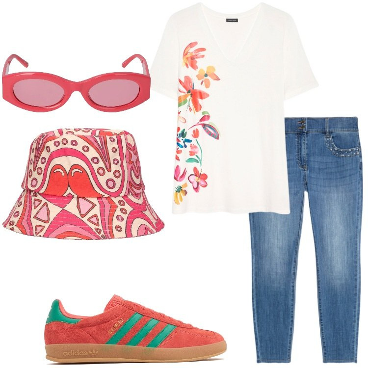 Outfit donna - Allegria. Stile Basic per Tutti i giorni. Abbinamento con t-shirt, jeans skinny, sneakers, occhiali da sole, cappelli.