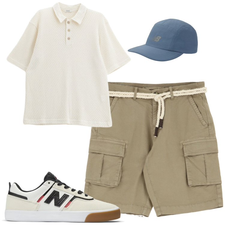 Outfit uomo - Luglio. Stile Trendy per Tutti i giorni. Abbinamento con sneakers, cappelli con visiera, bermuda, polo.