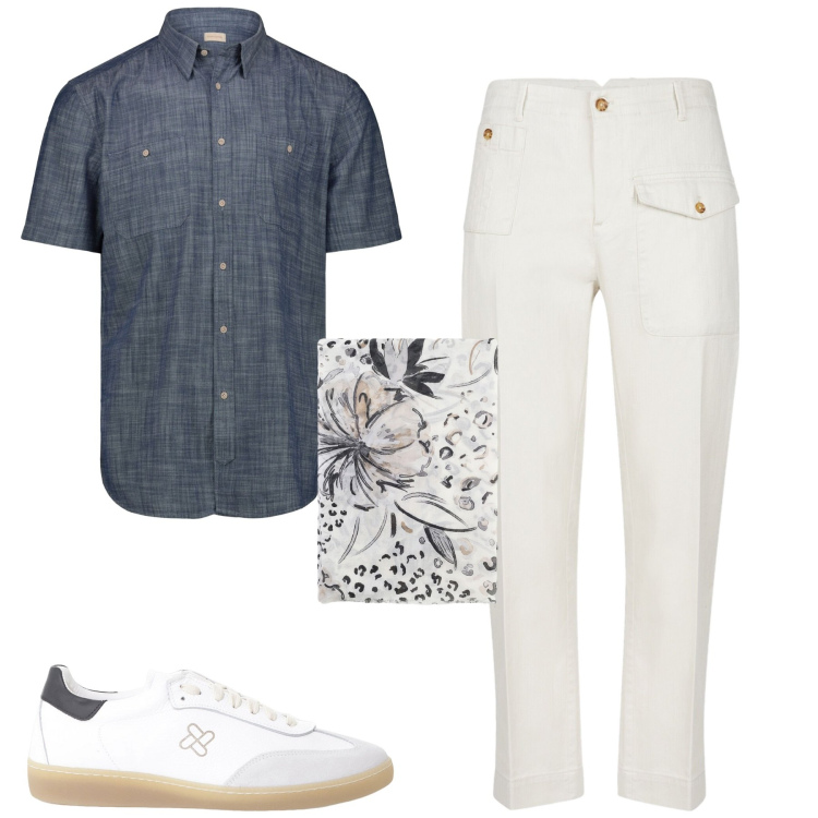Outfit uomo - Luglio. Stile Urban per Tutti i giorni. Abbinamento con sneakers, sciarpe e foulard, camicie a manica corta, pantaloni.