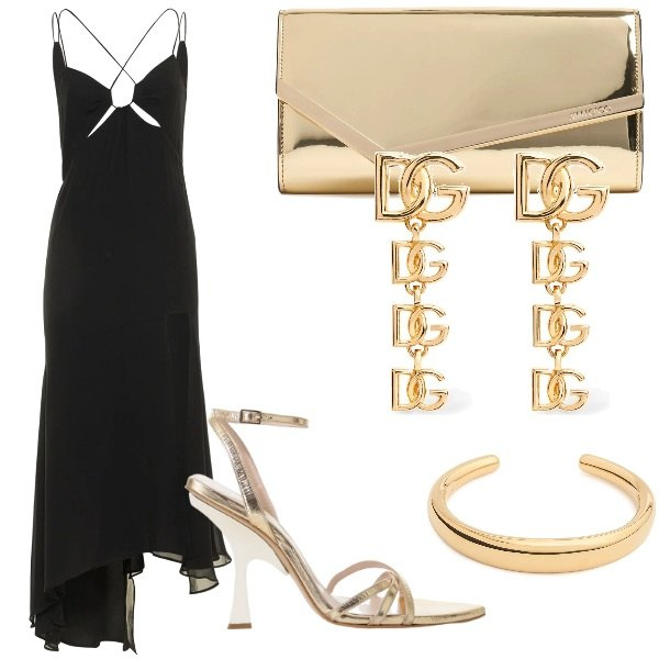 Outfit donna - Illumina la notte. Stile Chic per Serata fuori. Abbinamento con sandali col tacco, vestiti midi/longuette, pochette, braccialetti, orecchini.