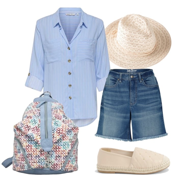 Outfit femme - Juillet. Style Casual chic pour Tous les jours. Assortir avec short, chapeaux, chemisiers, sacs à dos, espadrilles.