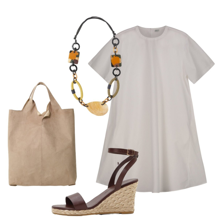 Outfit donna - L’abito corto Doppelganger. Stile Minimal per Tutti i giorni. Abbinamento con sandali, shopping bag, vestiti corti, collane.