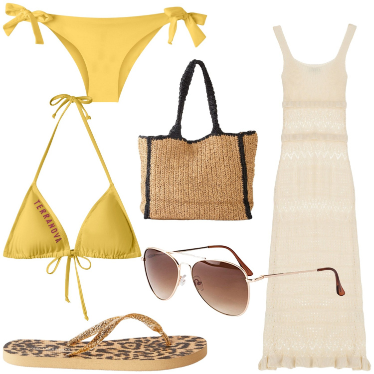 Outfit donna - Un costume solare. Stile Glamour per Mare. Abbinamento con occhiali da sole, shopping bag, bikini, bikini, infradito, vestiti midi/longuette.