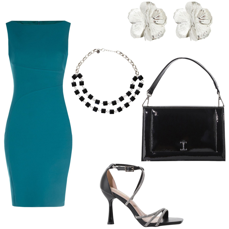 Outfit donna - Eleganza senza sforzo in verde petrolio. Stile Glamour per Serata fuori. Abbinamento con vestiti a tubino, borse a tracolla, sandali col tacco, collane, orecchini.