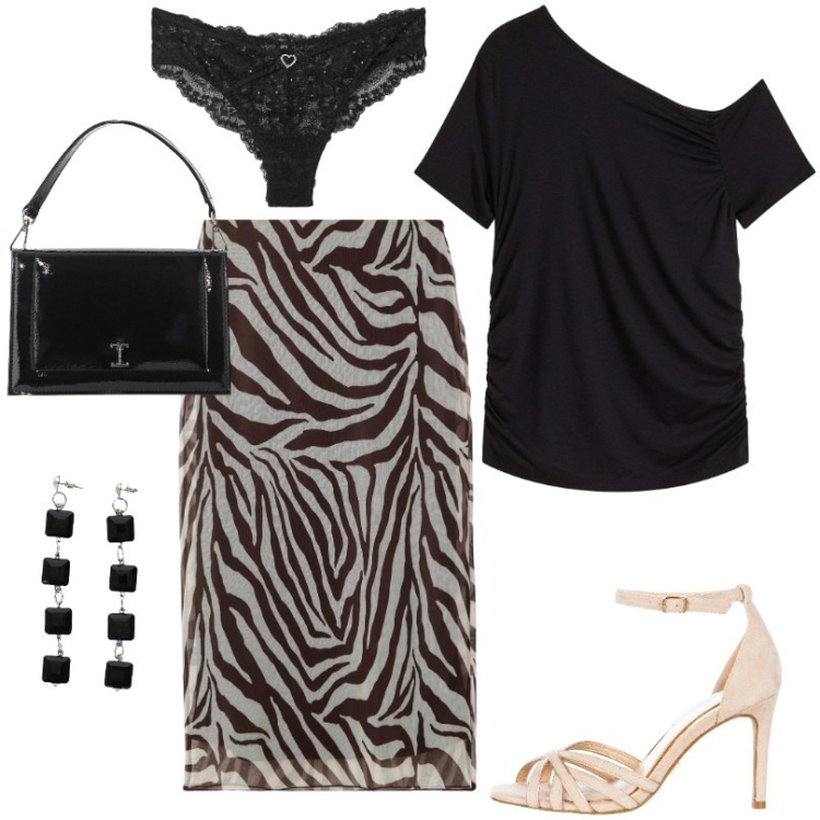 Outfit donna - Total look #2209291. Stile Casual chic per Ufficio. Abbinamento con bluse, gonne lunghe, culotte, sandali col tacco, borse a tracolla, orecchini.