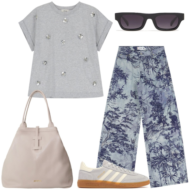 Outfit donna - Dinamica. Stile Sporty chic per Tutti i giorni. Abbinamento con pantaloni, borse tote, t-shirt, sneakers, occhiali da sole.