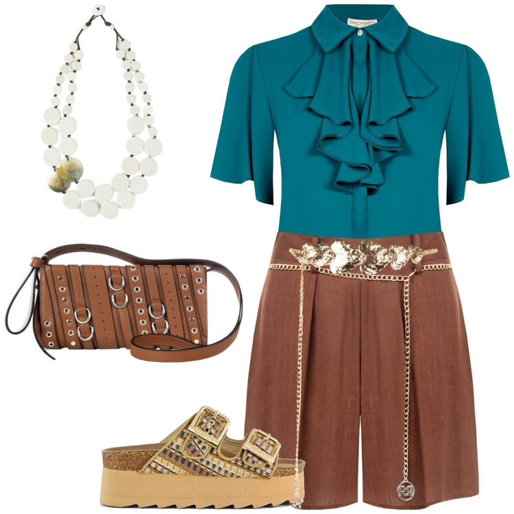 Outfit donna - Boh. Stile Casual chic per Tutti i giorni. Abbinamento con cinture, borse a spalla, shorts, bluse, sandali, ciondoli.