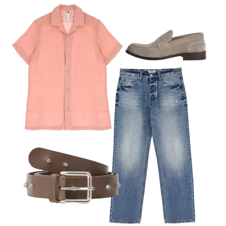 Outfit uomo - Rosa e jeans. Stile Casual per Tutti i giorni. Abbinamento con jeans, camicie a manica corta, cinture, scarpe stringate.