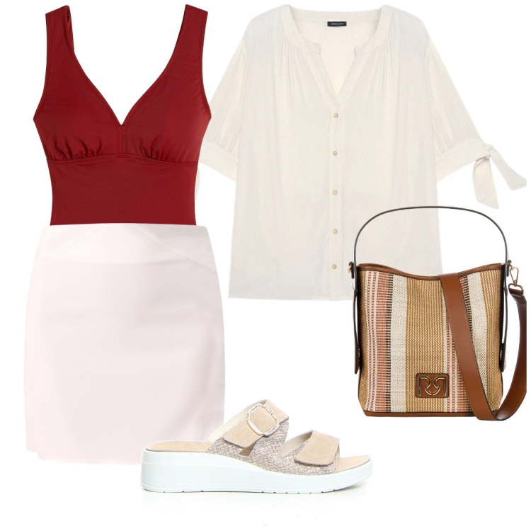 Outfit donna - Boh. Stile Casual per Mare. Abbinamento con costumi interi, borse a secchiello, minigonne, camicie, ciabatte.
