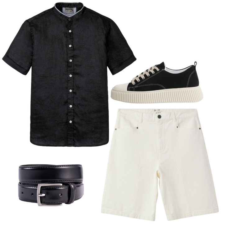 Outfit uomo - Bianco e nero. Stile Casual per Tutti i giorni. Abbinamento con camicie a manica corta, bermuda, sneakers, cinture.