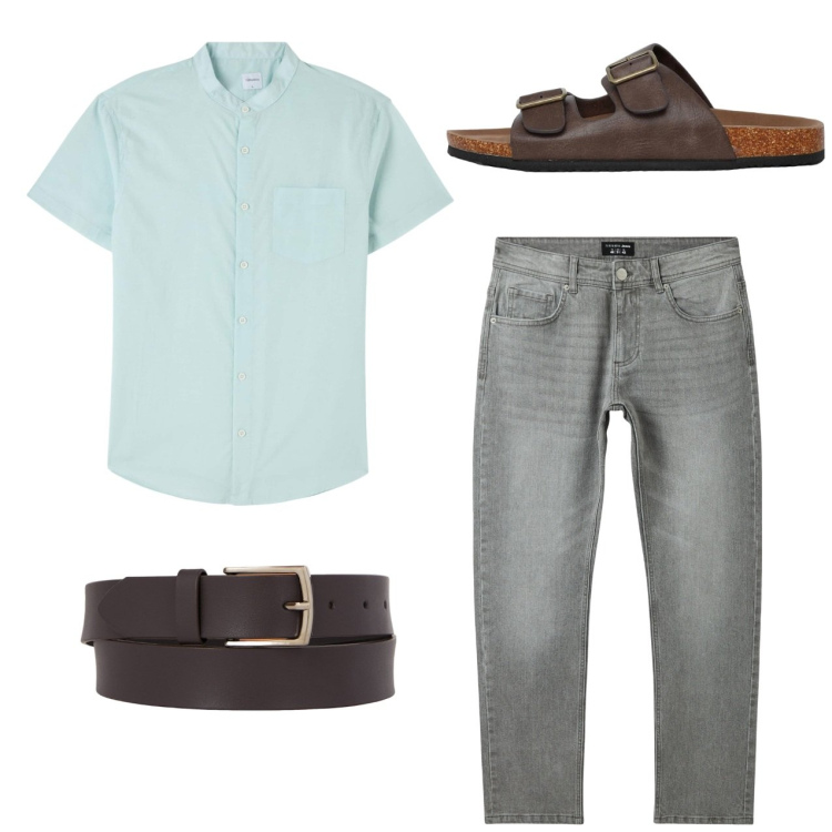 Outfit uomo - Acquamarina. Stile Casual per Tutti i giorni. Abbinamento con camicie a manica corta, jeans, sandali, cinture.
