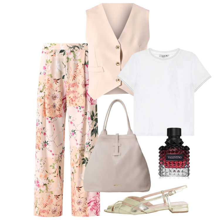 Outfit donna - Kos. Stile Romantica per Serata fuori. Abbinamento con profumi, t-shirt, gilet, pantaloni, borse tote, sandali.