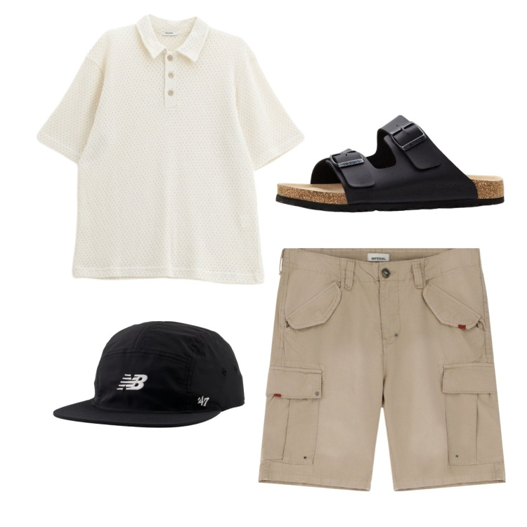 Outfit uomo - Weekend. Stile Casual per Tutti i giorni. Abbinamento con sandali, cappelli con visiera, bermuda, polo.