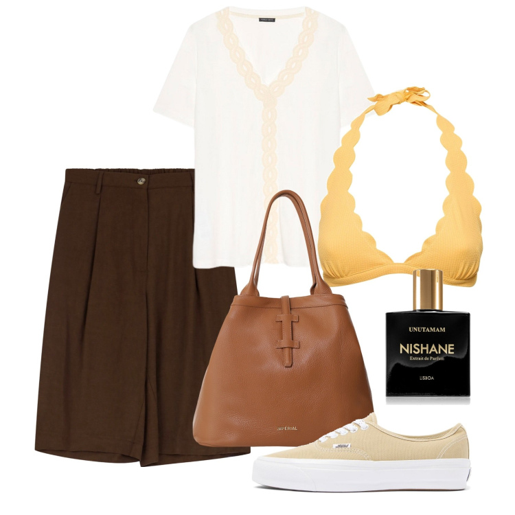 Outfit donna - Salamina. Stile Sporty chic per Mare. Abbinamento con profumi, borse tote, shorts, t-shirt, sneakers, bikini.