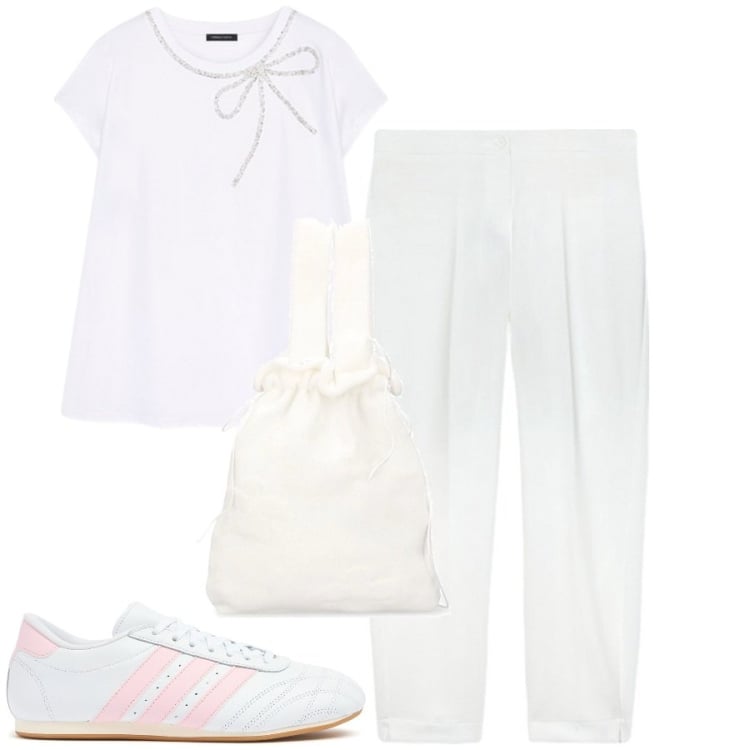 Outfit donna - La bianca estate. Stile Basic per Tutti i giorni. Abbinamento con pantaloni, t-shirt, sneakers, borse a mano.