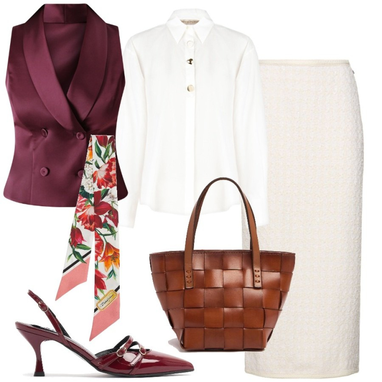 Outfit donna - Bon ton. Stile Bon Ton per Ufficio. Abbinamento con gilet, camicie, borse a mano, décolleté, foulard, gonne longuette.