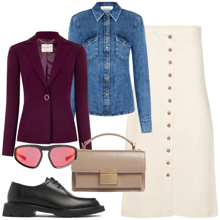 Outfit donna - Autunno trendy. Stile Trendy per Ufficio. Abbinamento con blazer, camicie, occhiali da sole, borse a mano, scarpe stringate, gonne longuette.