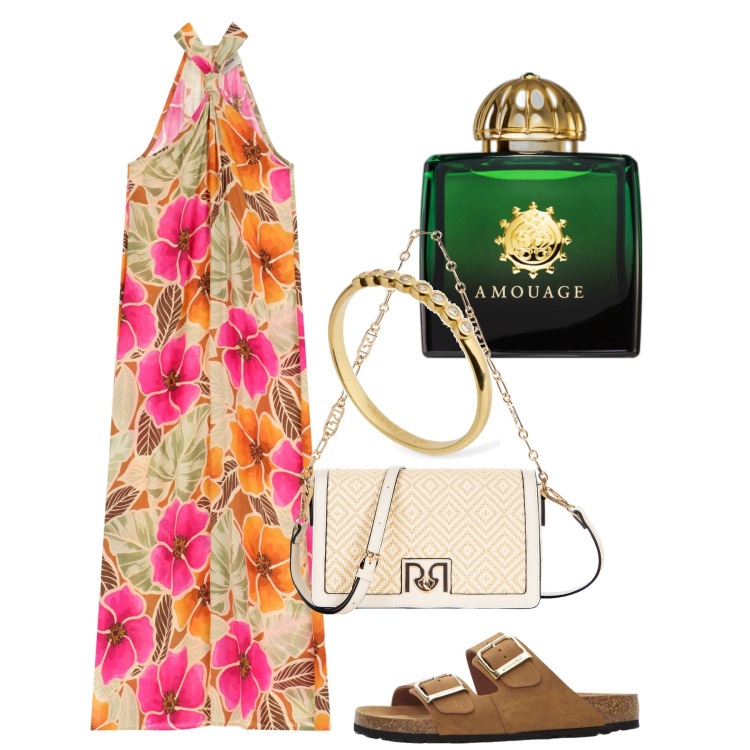 Outfit donna - Rodi. Stile Chic per Serata fuori. Abbinamento con ciabatte, profumi, borse a tracolla, vestiti lunghi, anelli.