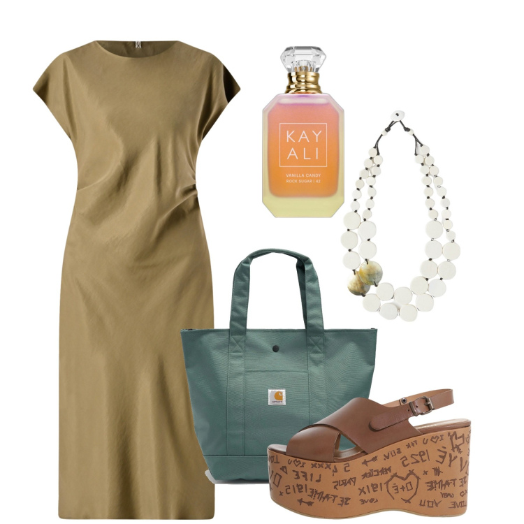 Outfit donna - Karpathos. Stile Chic per Serata fuori. Abbinamento con profumi, vestiti midi/longuette, zeppe, borse tote, ciondoli.