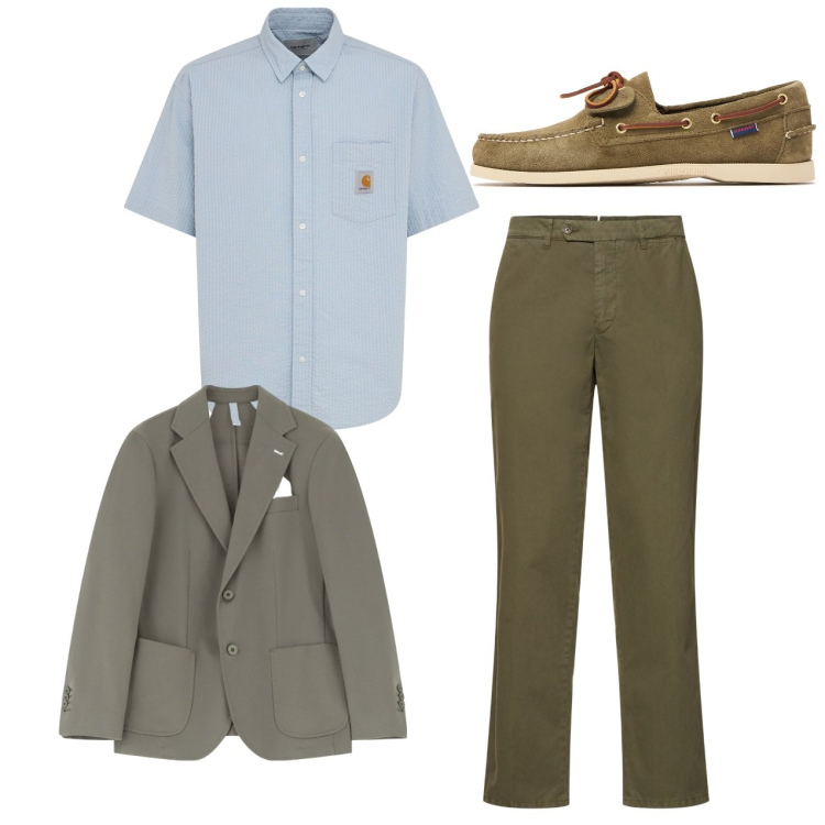 Outfit uomo - In città. Stile Casual per Tutti i giorni. Abbinamento con giacche, scarpe stringate, pantaloni, camicie a manica corta.
