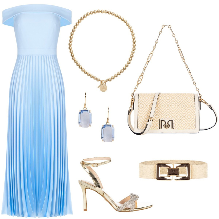 Outfit donna - Light-blue ceremony. Stile Glamour per Cerimonia. Abbinamento con cinture, vestiti, sandali col tacco, borse a tracolla, collane, orecchini.