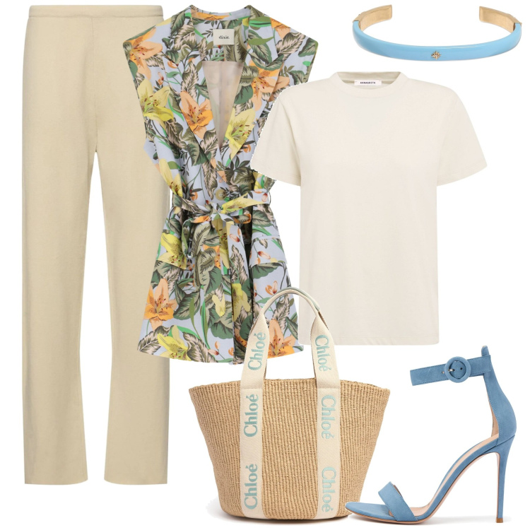 Outfit donna - Luglio col gilet. Stile Glamour per Ufficio. Abbinamento con gilet, braccialetti, shopping bag, sandali in pelle, pantaloni, t-shirt.