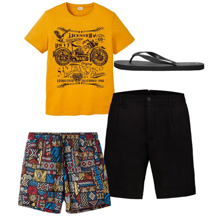 Outfit uomo - Casual sea. Stile Casual per Tutti i giorni. Abbinamento con t-shirt, costumi, sandali, bermuda.