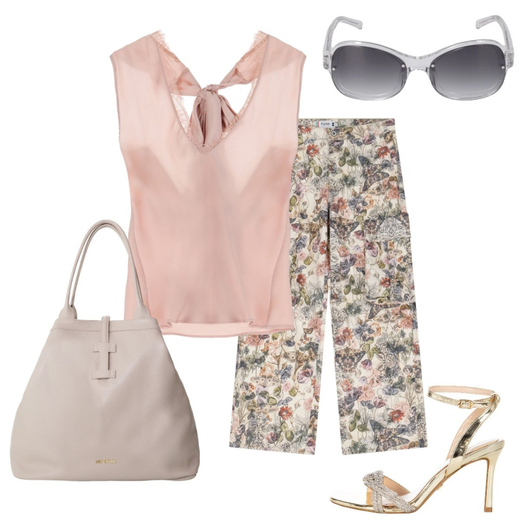 Outfit donna - Tacco a spillo su pantalone cargo. Stile Glamour per Tutti i giorni. Abbinamento con sandali col tacco, pantaloni cargo, top, borse tote, occhiali da sole.
