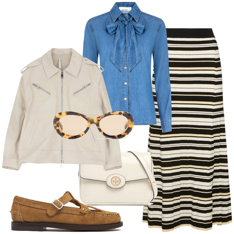 Outfit donna - Street style autunnale. Stile Trendy per Tutti i giorni. Abbinamento con camicie, giacche, gonne lunghe, borse a spalla, mocassini, occhiali da sole.