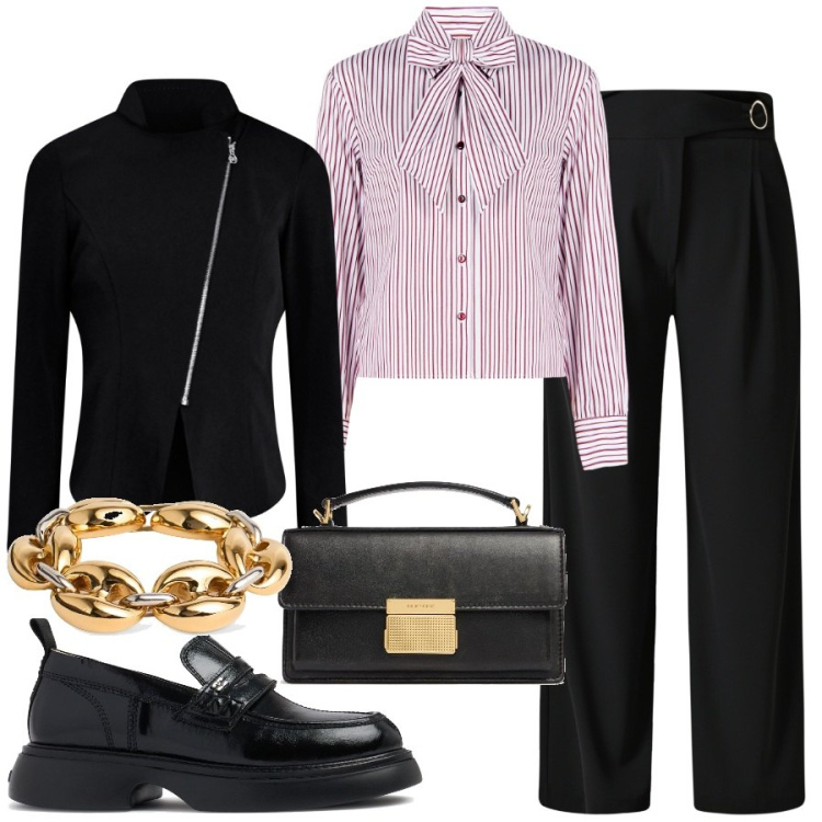 Outfit donna - Rinascimento il completo da ufficio. Stile Mannish per Ufficio. Abbinamento con pantaloni a palazzo, blazer, camicie, braccialetti, mocassini, borse a mano.