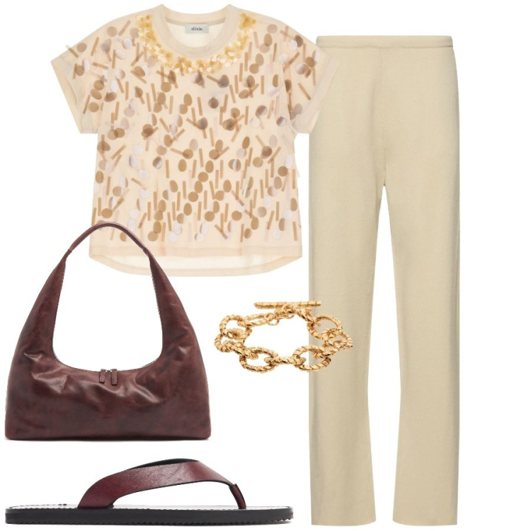Outfit donna - Eleganza discreta. Stile Chic per Tutti i giorni. Abbinamento con t-shirt, ciabatte, pantaloni, braccialetti, borse a spalla.