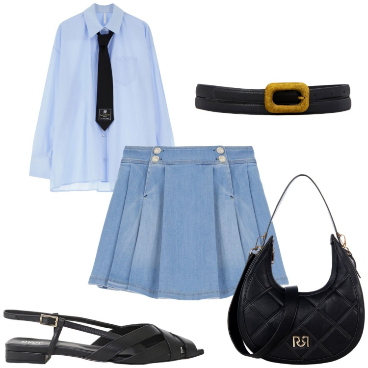 Outfit donna - Total look #2209356. Stile Preppy per Tutti i giorni. Abbinamento con borse a tracolla, minigonne, camicie, sandali, cinture.