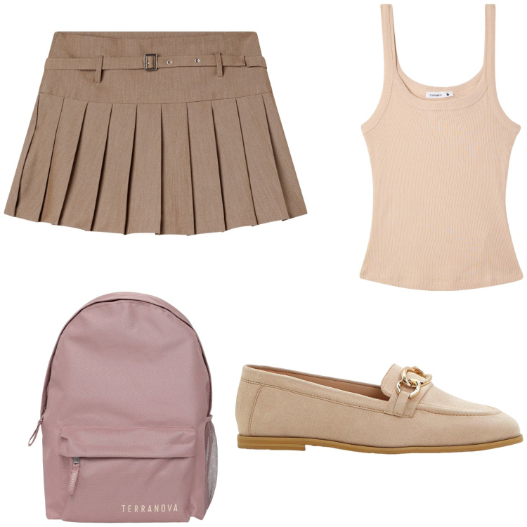 Outfit donna - It girl. Stile Preppy per Scuola/Università. Abbinamento con mocassini, minigonne, zaini, canottiere.