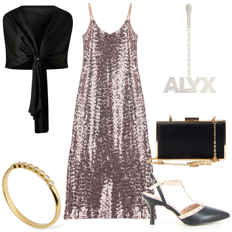 Outfit donna - Risplendi in una serata speciale. Stile Glamour per Serata fuori. Abbinamento con pochette, scialli, vestiti, sandali in pelle, orecchini, anelli.