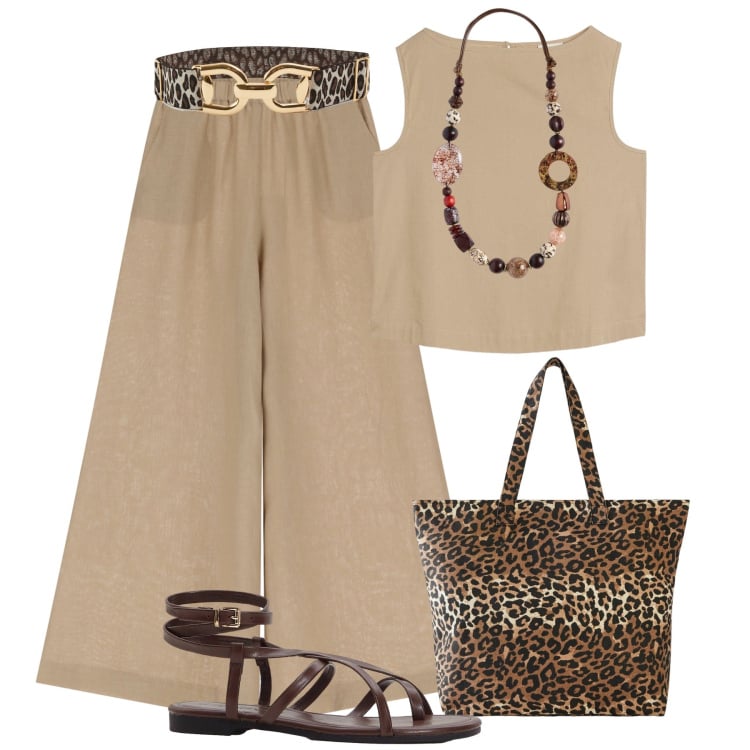 Outfit donna - Look fresco con dettagli maculati. Stile Trendy per Tutti i giorni. Abbinamento con top, shopping bag, sandali, cinture, pantaloni, collane.