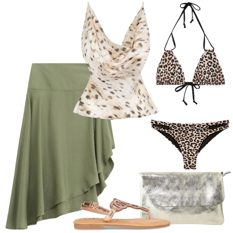 Outfit donna - Una gonna per luglio. Stile Casual chic per Mare. Abbinamento con bikini, bikini, top, gonne, borse a tracolla, sandali in pelle.