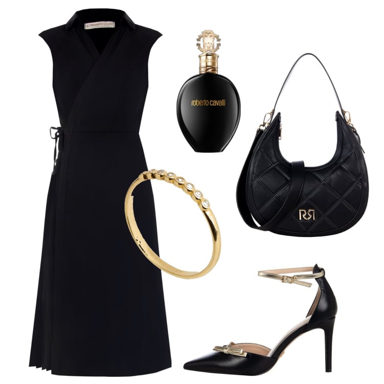 Outfit donna - Elegante in nero. Stile Chic per Serata fuori. Abbinamento con profumi, décolleté, borse a tracolla, vestiti senza maniche, anelli.