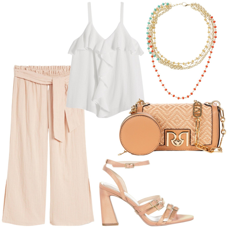 Outfit donna - Total look #2209395. Stile Casual chic per Serata fuori. Abbinamento con top, pantaloni capri, sandali col tacco, borse a tracolla, collane.