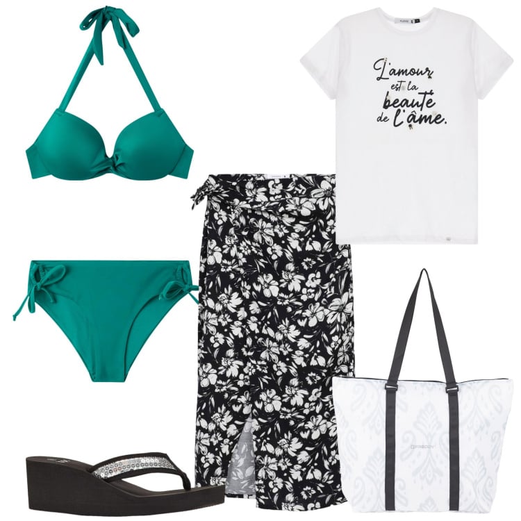Outfit donna - Il costume perfetto. Stile Casual chic per Mare. Abbinamento con infradito, vestiti da spiaggia, bikini, bikini, t-shirt, shopping bag.