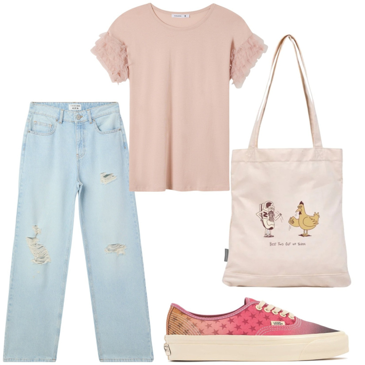Outfit donna - Total look #2209402. Stile Casual per Tutti i giorni. Abbinamento con jeans strappati, t-shirt, shopping bag, sneakers.