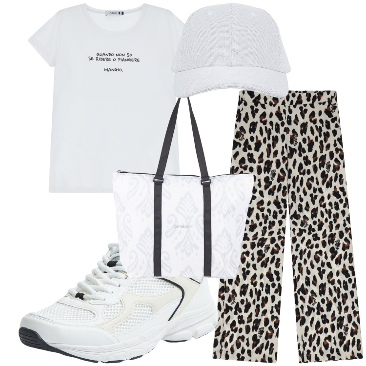Outfit donna - Basica e glam. Stile Basic per Tutti i giorni. Abbinamento con cappelli con visiera, sneakers, t-shirt, pantaloni a palazzo, shopping bag.