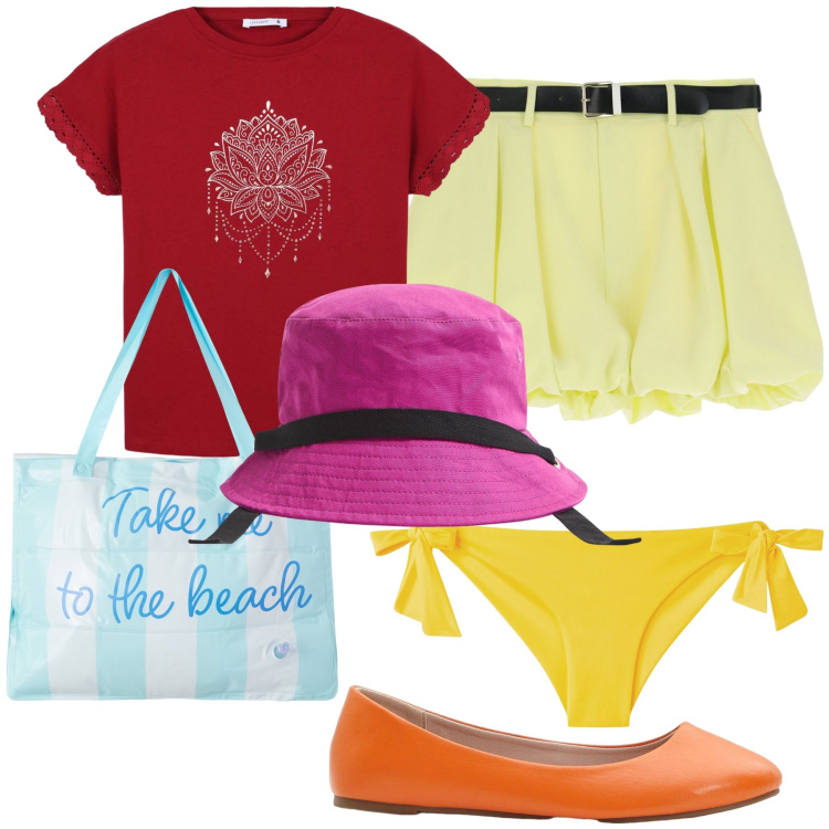 Outfit donna - Vivere a colori. Stile Trendy per Mare. Abbinamento con ballerine, cappelli, t-shirt, borse tote, bikini, minigonne.