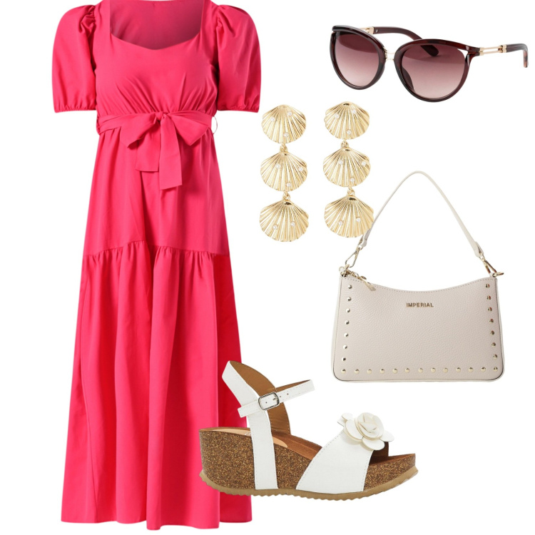 Outfit donna - Estate. per Tutti i giorni. Abbinamento con sandali, occhiali da sole, orecchini, vestiti lunghi, borse a spalla.
