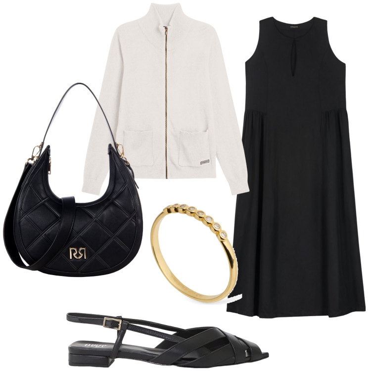 Outfit donna - Una felpa al ristorante in montagna. Stile Bon Ton per Serata fuori. Abbinamento con borse a tracolla, sandali, maglieria, vestiti lunghi, anelli.