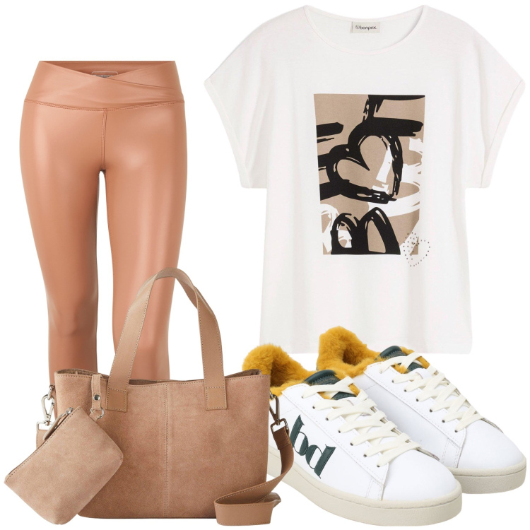 Outfit donna - September look. Stile Casual chic per Tutti i giorni. Abbinamento con borse a mano, t-shirt, sneakers, pantaloni.