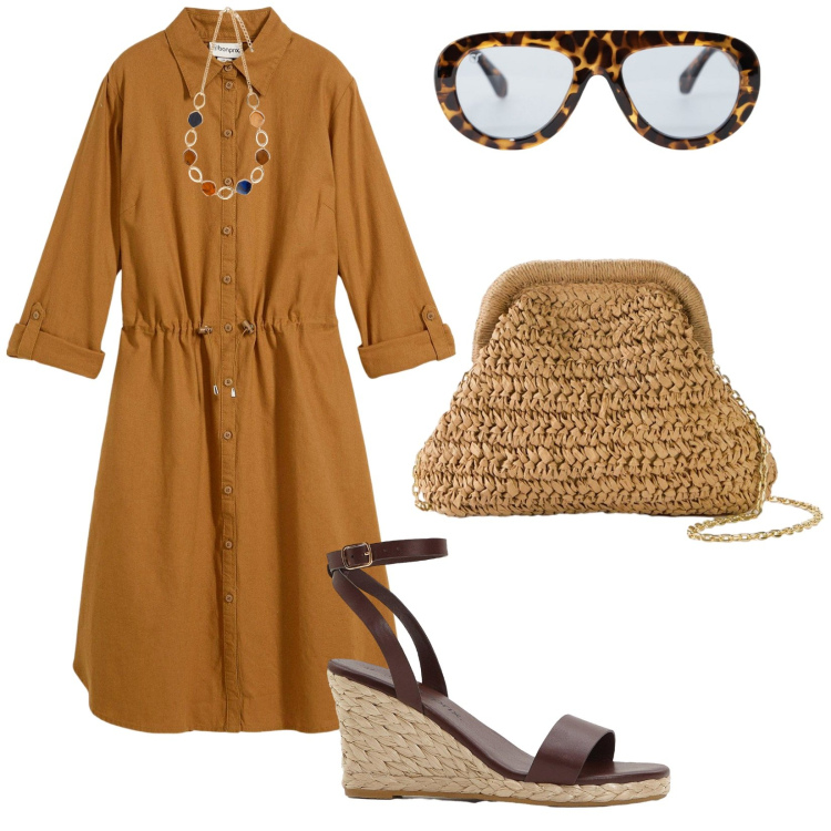 Outfit donna - Vacanze. per Tutti i giorni. Abbinamento con vestiti chemisier, borse a tracolla, sandali, occhiali da sole, collane.