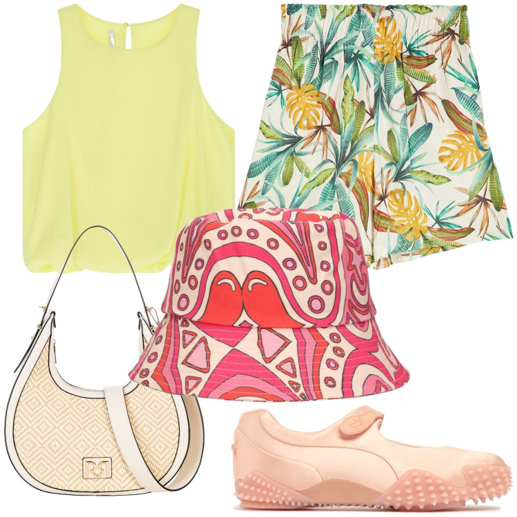 Outfit donna - Agosto colorato. Stile Trendy per Tutti i giorni. Abbinamento con borse a mano, pantaloni corti, top, ballerine, cappelli.