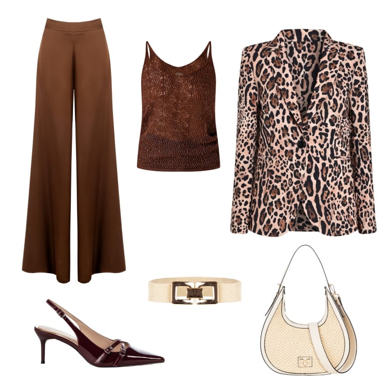 Outfit donna - Eleganza estiva. Stile Glamour per Serata fuori. Abbinamento con décolleté, cinture, pantaloni a palazzo, blazer, top, borse a mano.