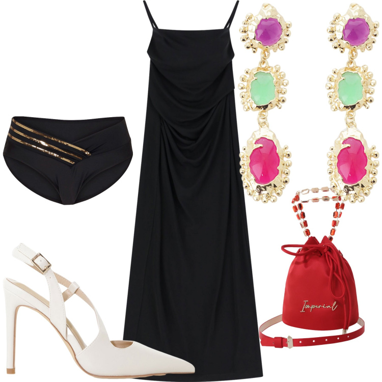 Outfit donna - Notti d agosto. Stile Glamour per Serata fuori. Abbinamento con culotte, borse a secchiello, décolleté, vestiti lunghi, orecchini.