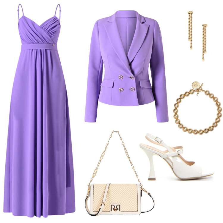 Outfit donna - Serate d\'estate. Stile Chic per Serata fuori. Abbinamento con vestiti lunghi, borse a tracolla, blazer, braccialetti, orecchini, sandali col tacco.